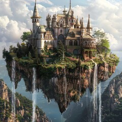 Majestic floating castle on a rocky island with cascading waterfalls, surrounded by clouds and mountains.