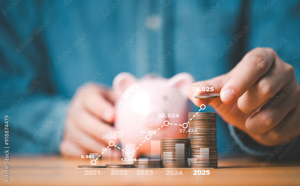 Poster businessman putting coin on the top of increasing coins stacking with graph and piggy bank for depos