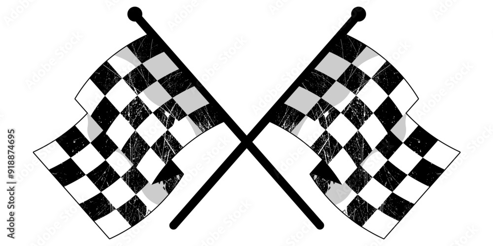 Poster crossed racing flags. black and white shabby flags, stylish checkerboard curly flags.