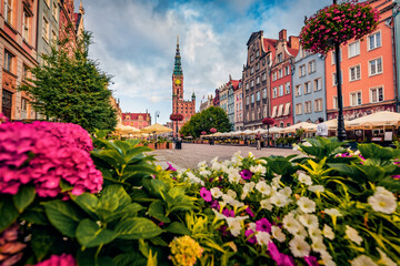 Colorful summer cityscape of Gdansk, Poland, Europe. Blooming flowers on the Mary's Street with Museum of Gdańsk - Main Town Hall spire on background. Travel the world..