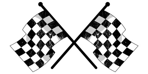 Crossed racing flags. Black and white shabby flags, stylish checkerboard curly flags.