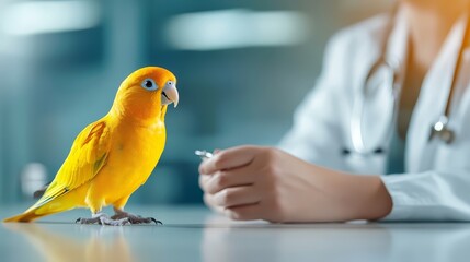 Obraz premium Yellow Parrot at Veterinarian Checkup in Clinic
