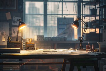 A simple desk setup with a lamp and some papers, ideal for office or study use