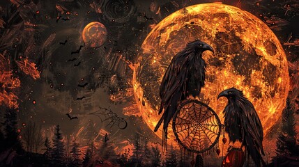 A Native American-inspired Halloween artwork featuring animal spirit guides and dreamcatchers under a harvest moon