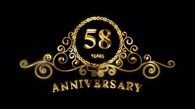 58th Anniversary Celebration. Happy 58 Years Anniversary Animation in Gold Color on the Transparent Background, Alpha Channel. Great for greetings, celebrations, events, and gifts.