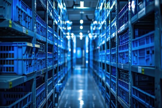 Automated warehouse with blue crates