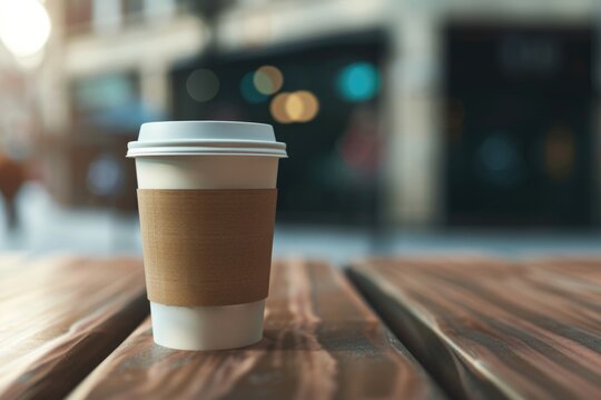 A single coffee cup placed on a wooden table, perfect for morning routine or office setting