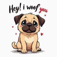 Cute Pug Dog Vector Illustration Typography Saying Hey I Woof You, T-shirt design Pug Lovers Posters