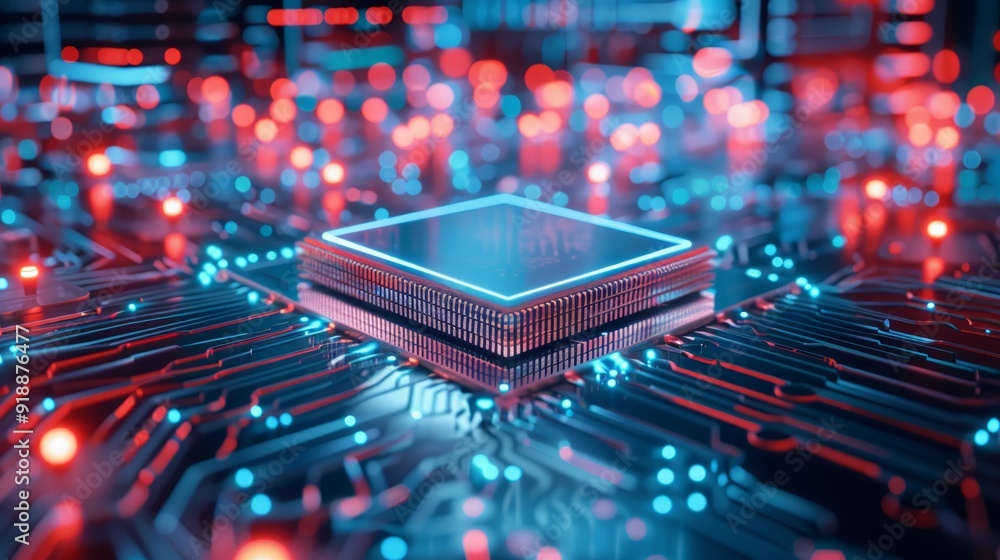 Poster glowing microchip on futuristic circuit board
