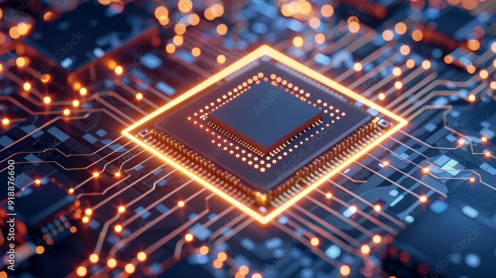Poster close-up of glowing microchip on circuit board