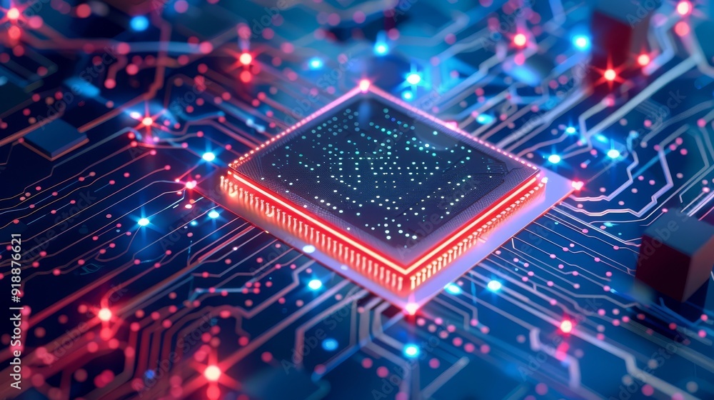 Poster close-up of high-tech microchip on circuit board