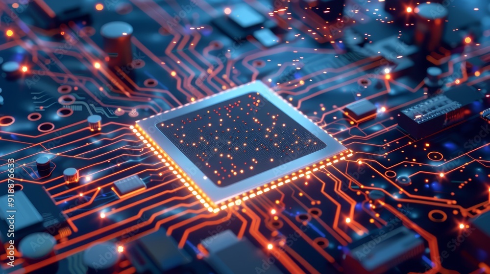 Poster close-up of illuminated microchip on circuit board