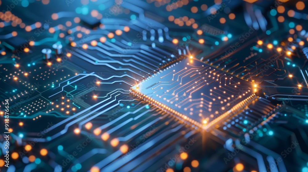 Poster close-up of a glowing microchip on a circuit board