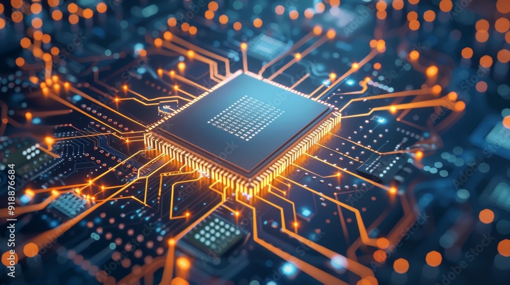 Poster glowing microchip on a high-tech circuit board