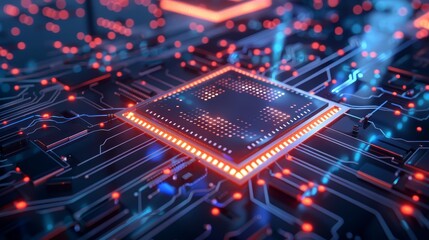 Fototapeta premium Glowing microchip with red and blue circuitry