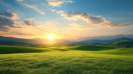 Obraz premium Idyllic green landscape at sunrise with rolling hills