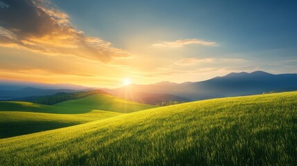 Sunrise over Lush Green Hills and Mountains