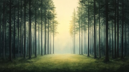 Naklejka premium Misty Forest Clearing with Tall Pine Trees