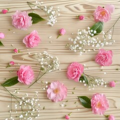 Pink Flowers and White Baby's Breath on Wooden Background.