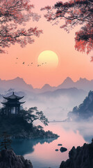 Serene Oriental Landscape at Sunset