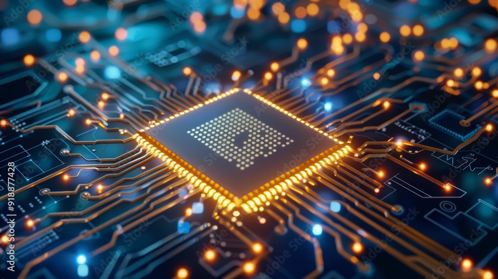 Poster microchip on advanced circuit board with glowing connections