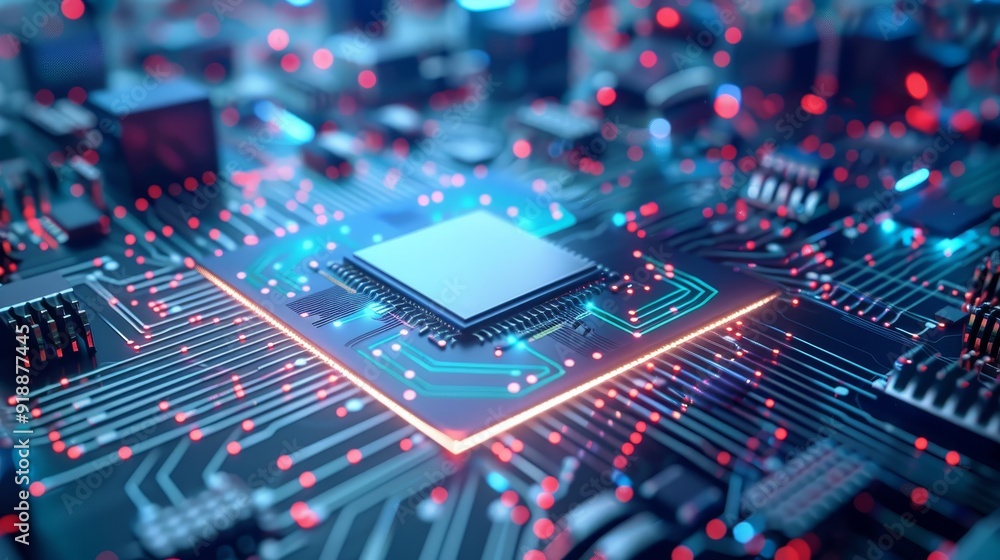 Poster close-up of microchip on circuit board with led lights