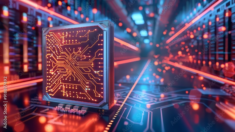 Aufkleber futuristic microchip with glowing circuits in data center