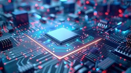 Obraz premium Close-up of Microchip on Circuit Board with LED Lights