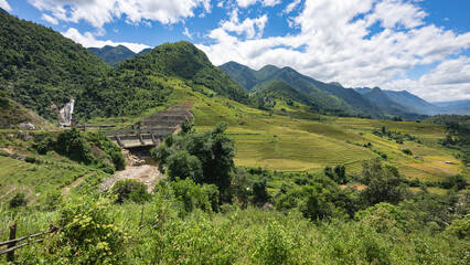 Obraz premium Landscape with green and yellow terraced rice fields and a river in the highlands near SaPa in northern Vietnam