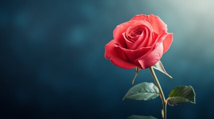 Fototapeta premium Vibrant Red Rose Blooming Against Soft Blue Background