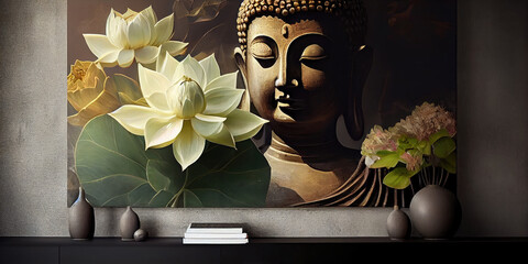 Luxurious Buddha 3D Mural – Elegant Design Perfect for Spas and High-End Hotels, Featuring a Detailed Buddha Sculpture in a Serene, Opulent Setting