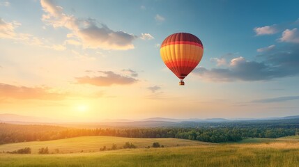 Obraz premium Hot Air Balloon Over Scenic Sunset Landscape