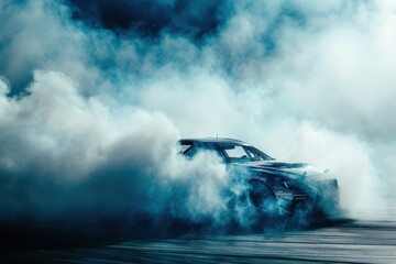 Car drifts in rubber smoke