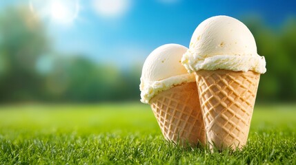 Two Vanilla Ice Cream Cones on Grass Outdoors