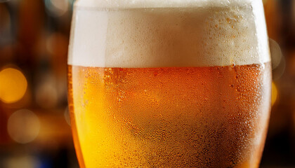 Glass of cold beer with foam. Draft lager. Alcoholic drink.