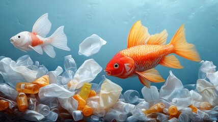 Fototapeta premium Colorful fish navigating through plastic waste in vibrant underwater scene.