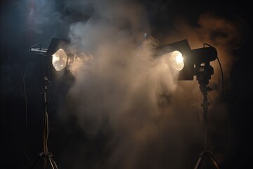 having installed two lighting devices for filming, they stand opposite each other with a black background of haze, light can be seen through the smoke