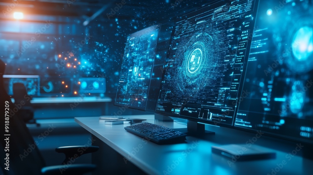 Poster Cybersecurity Command Center with Advanced Digital Interface