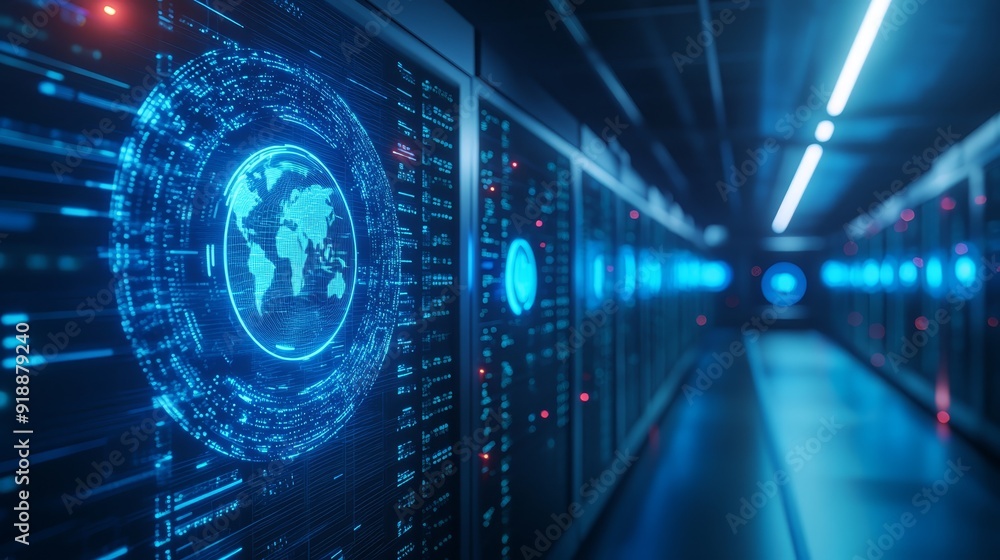Poster futuristic data center with global digital interface