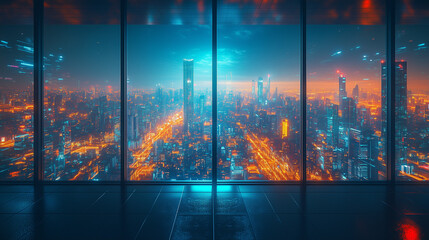Futuristic Cityscape at Night Viewed from a Window