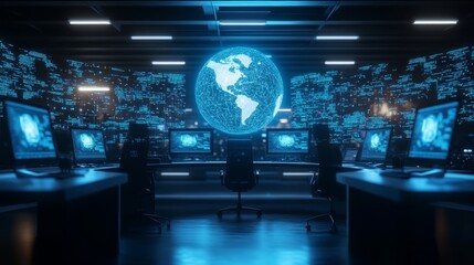 High-Tech Control Room with Global Digital Interface