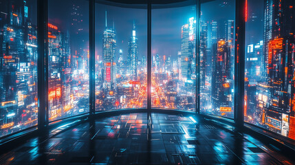 Futuristic Cityscape at Night Viewed from a Window