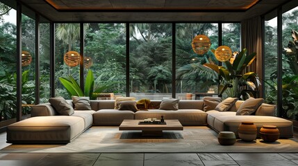 modern Japandi interior design, living room teak wood slats on the wall, soft lighting