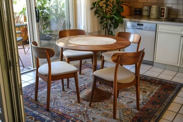Fototapeta premium Close up of a small kitchen table with chairs tile floor rug plant and placemats