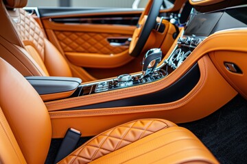Close up interior view of luxury car with electric comfortable orange leather seat and memory buttons