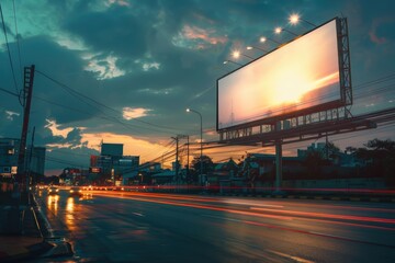 An empty billboard stands alone on a bustling city street at night