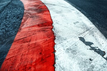 Close up of a motor racing track with red and white curb and tire imprints