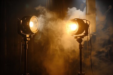 having installed two lighting devices for filming, they stand opposite each other with a black background of haze, light can be seen through the smoke