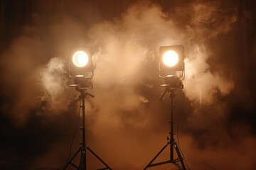 having installed two lighting devices for filming, they stand opposite each other with a black background of haze, light can be seen through the smoke