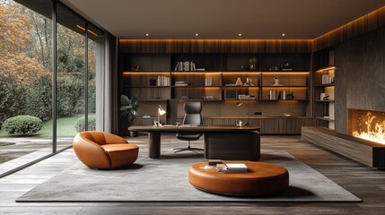 Modern home office with sleek furniture and decor.